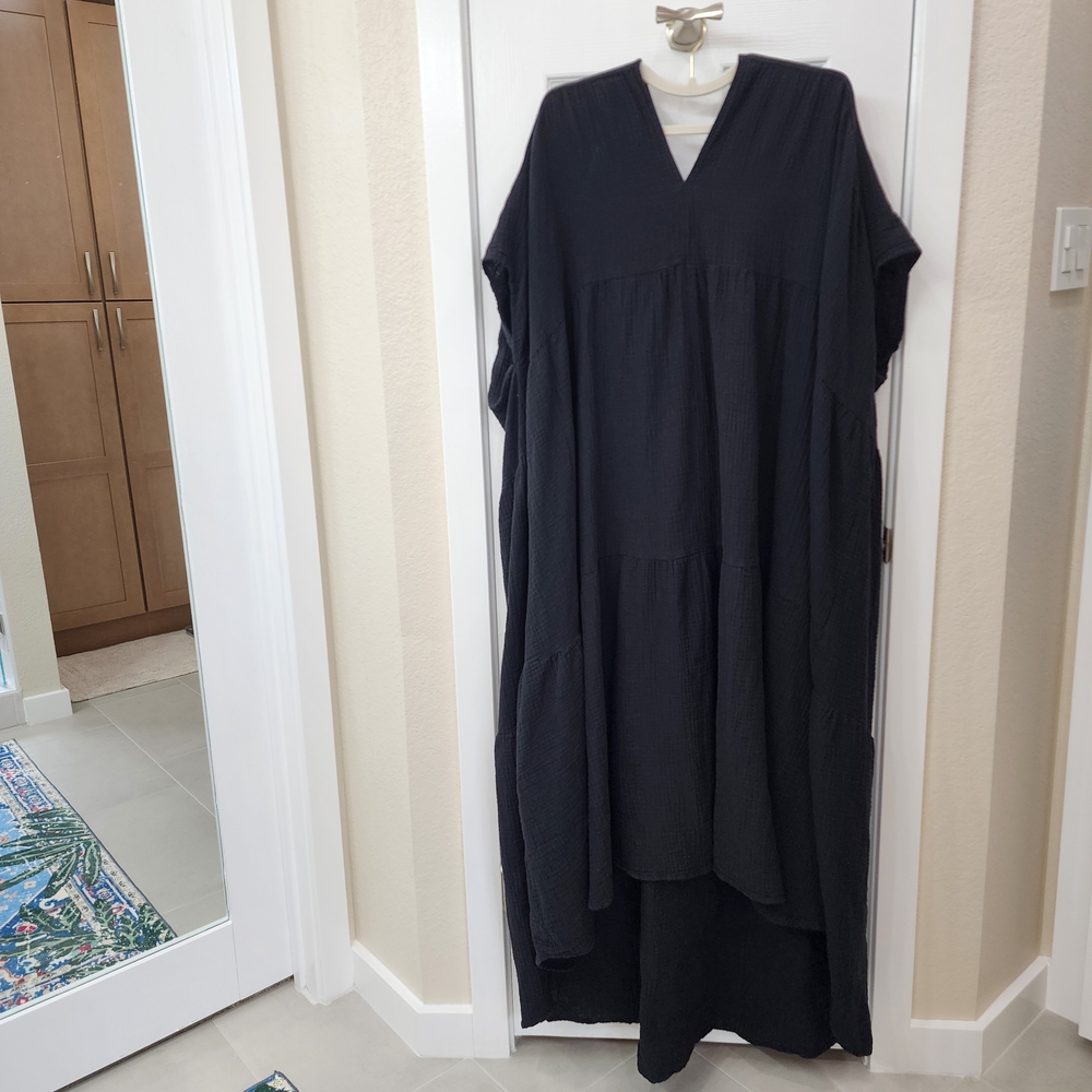 Double V Tiered Maxi Dress in Black Gauze, +1/2